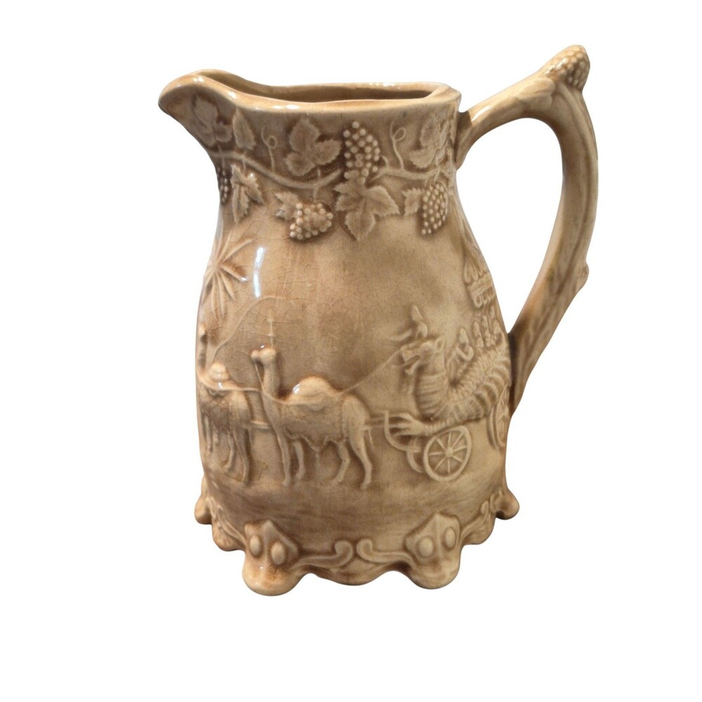 Antique Victorian Drabware Pitcher Dragon Camels Elephant Grapes Pitcher England